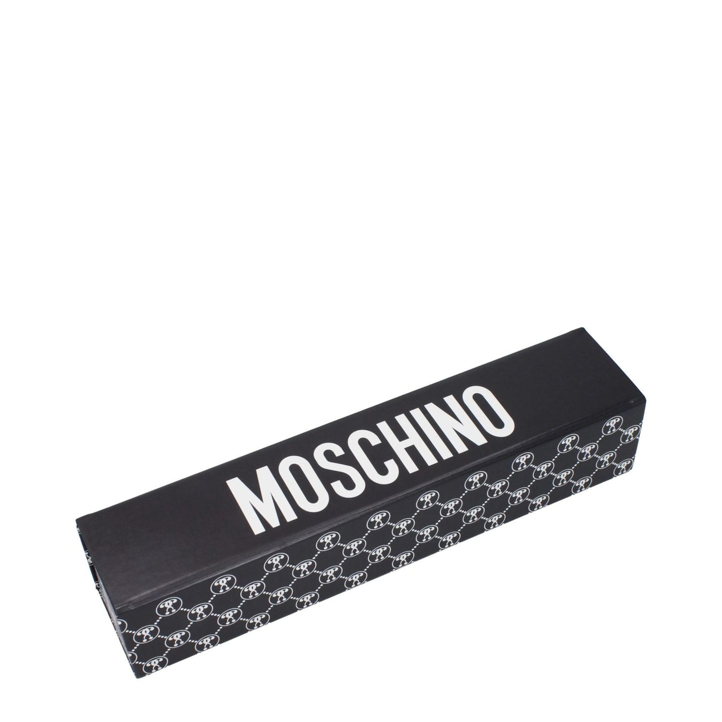 Box packaging of Moschino Red Polyester Umbrella with logo design and pattern.