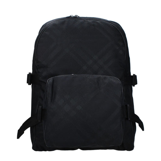 Burberry Black Fabric Backpack with zip closure, adjustable straps, and external pocket, featuring silver color details. Casual large size.
