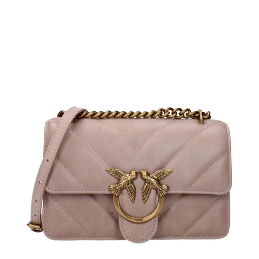 PINKO Pink Leather Crossbody Bag with gold details, adjustable strap, vintage and aged effect. Mini size with hook closure. Casual style.