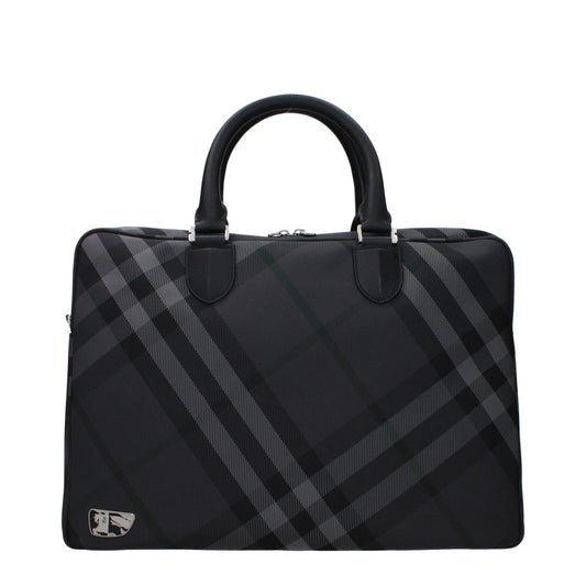 Burberry Gray Fabric Business And Laptop Bag with plaid pattern and leather handles, featuring adjustable and removable shoulder strap.