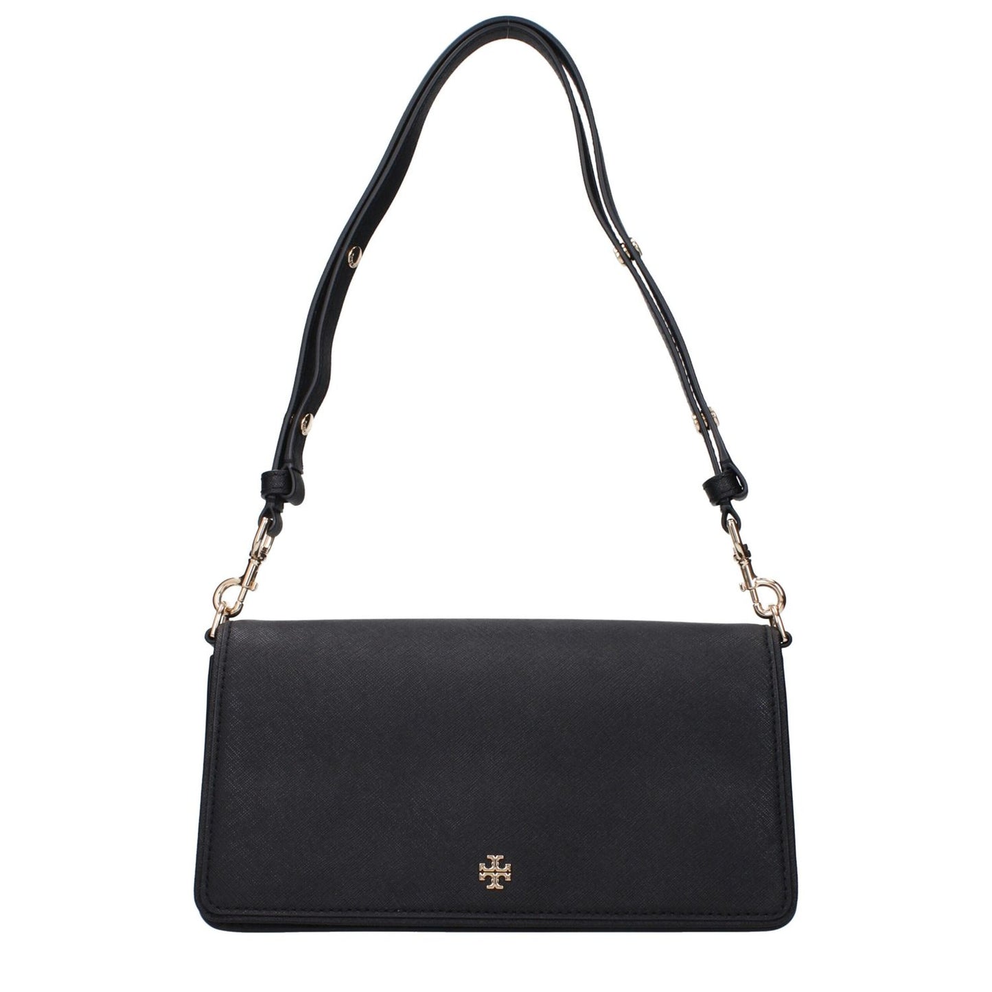 Tory Burch Black Leather Shoulder Bag with front logo, adjustable and removable handles, and inner pocket divider.