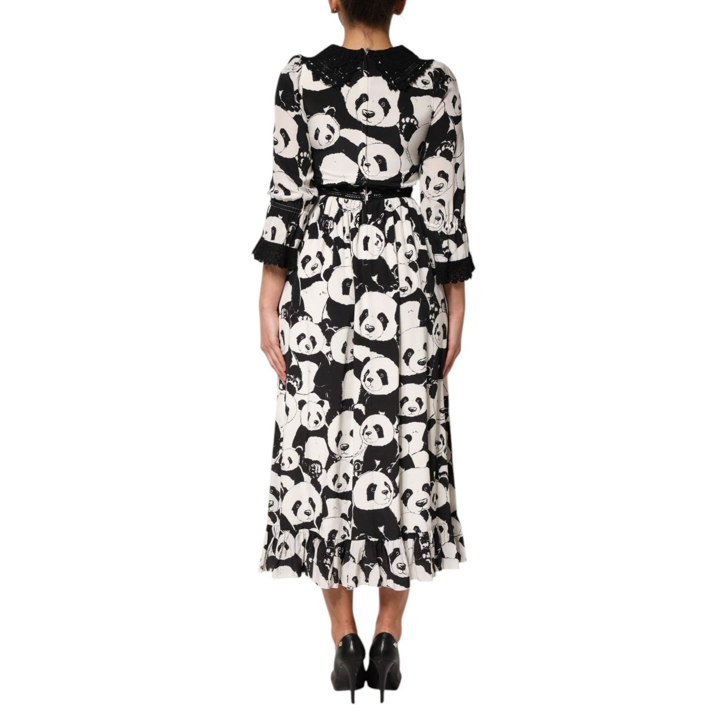 Dolce & Gabbana White Black Panda Print Flared Midi Dress DR81813-40