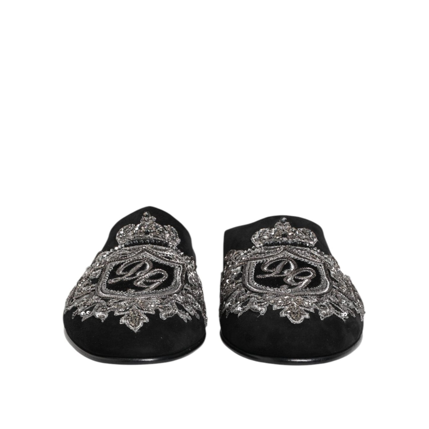 Dolce & Gabbana Black Velvet Slides DG Crown Slipper Shoes MV7629-39