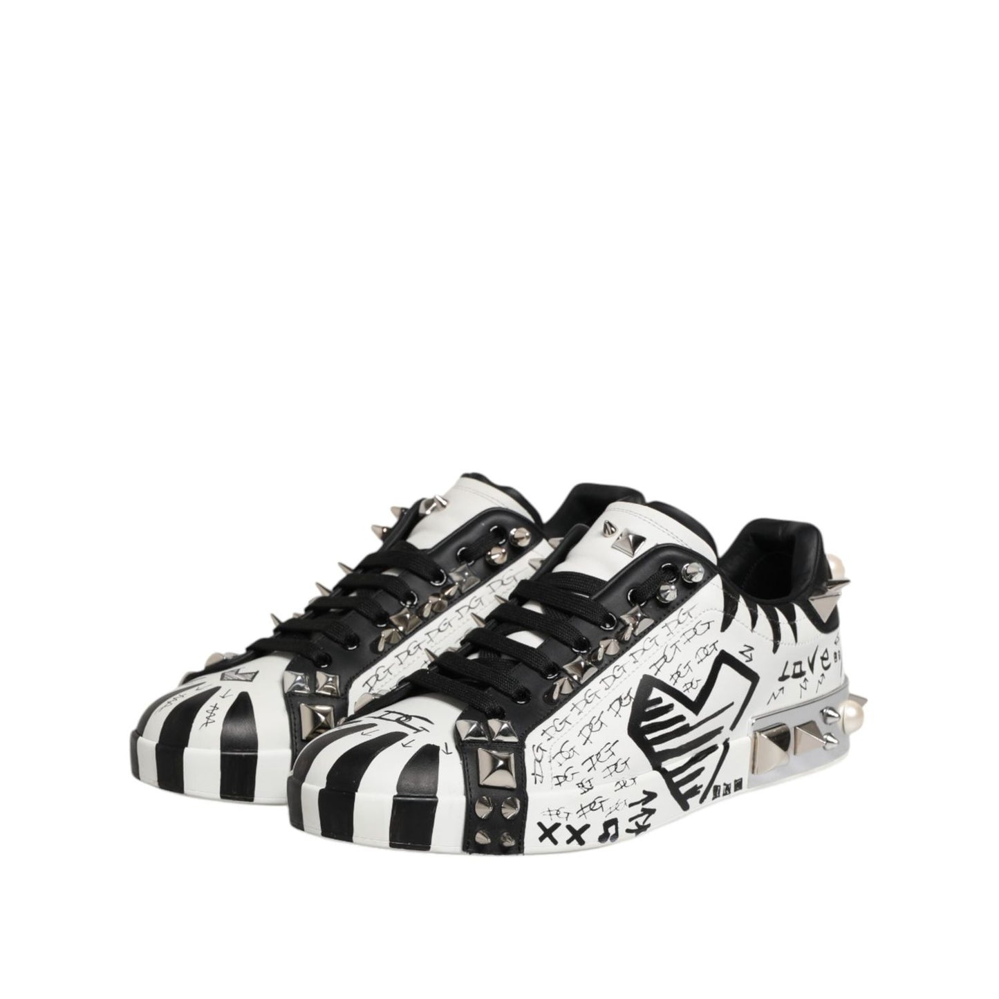 Dolce & Gabbana Black White Studded Low Top Sneakers Shoes MV7739-43