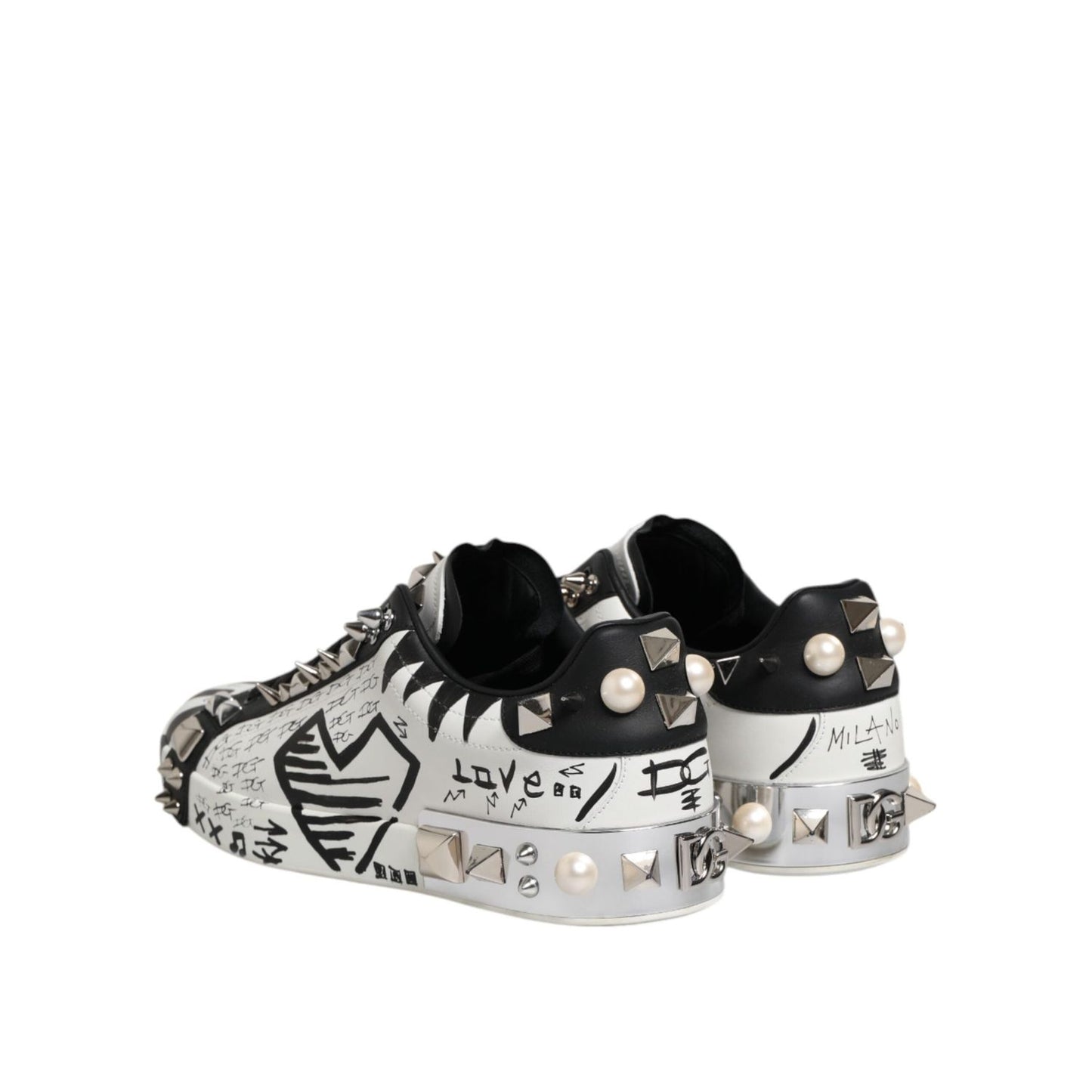 Dolce & Gabbana Black White Studded Low Top Sneakers Shoes MV7739-43