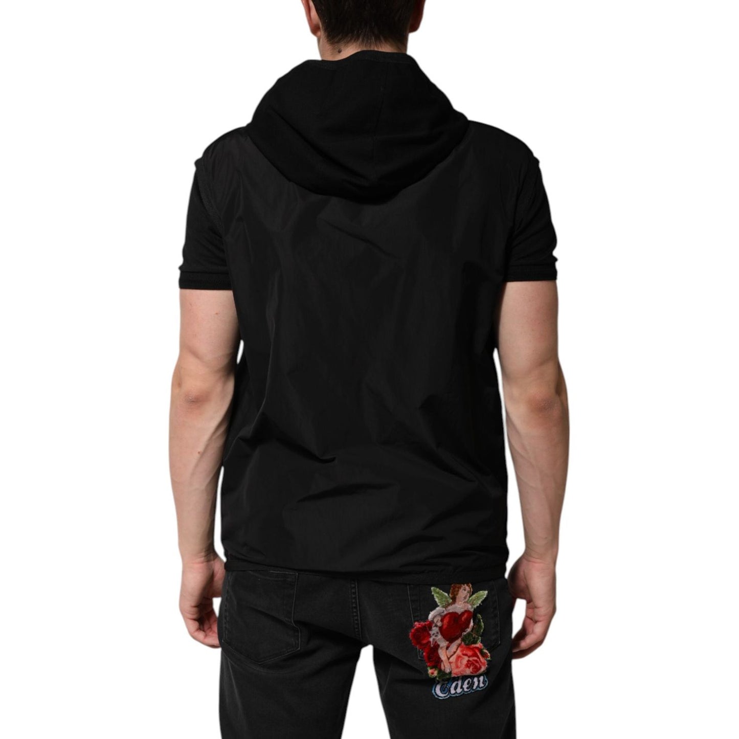 Dolce & Gabbana Black Sleeveless Hooded Logo Plaque Jacket JKT41508-48