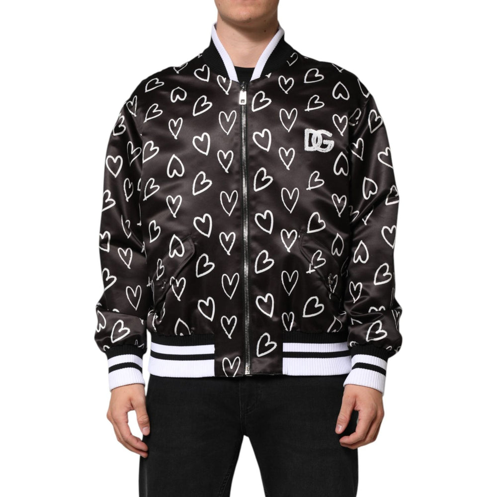 Dolce & Gabbana Black Polyester Heart Print Bomber Jacket JKT41524-52