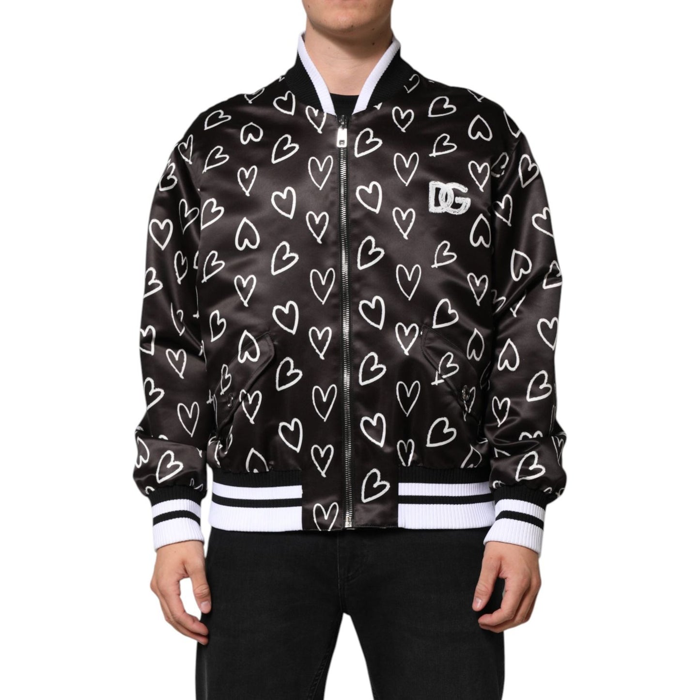 Dolce & Gabbana Black Polyester Heart Print Bomber Jacket JKT41524-52