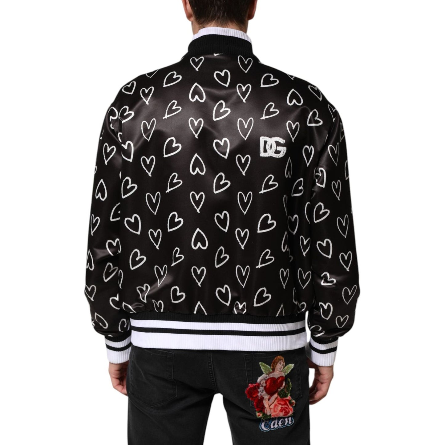 Dolce & Gabbana Black Polyester Heart Print Bomber Jacket JKT41524-52