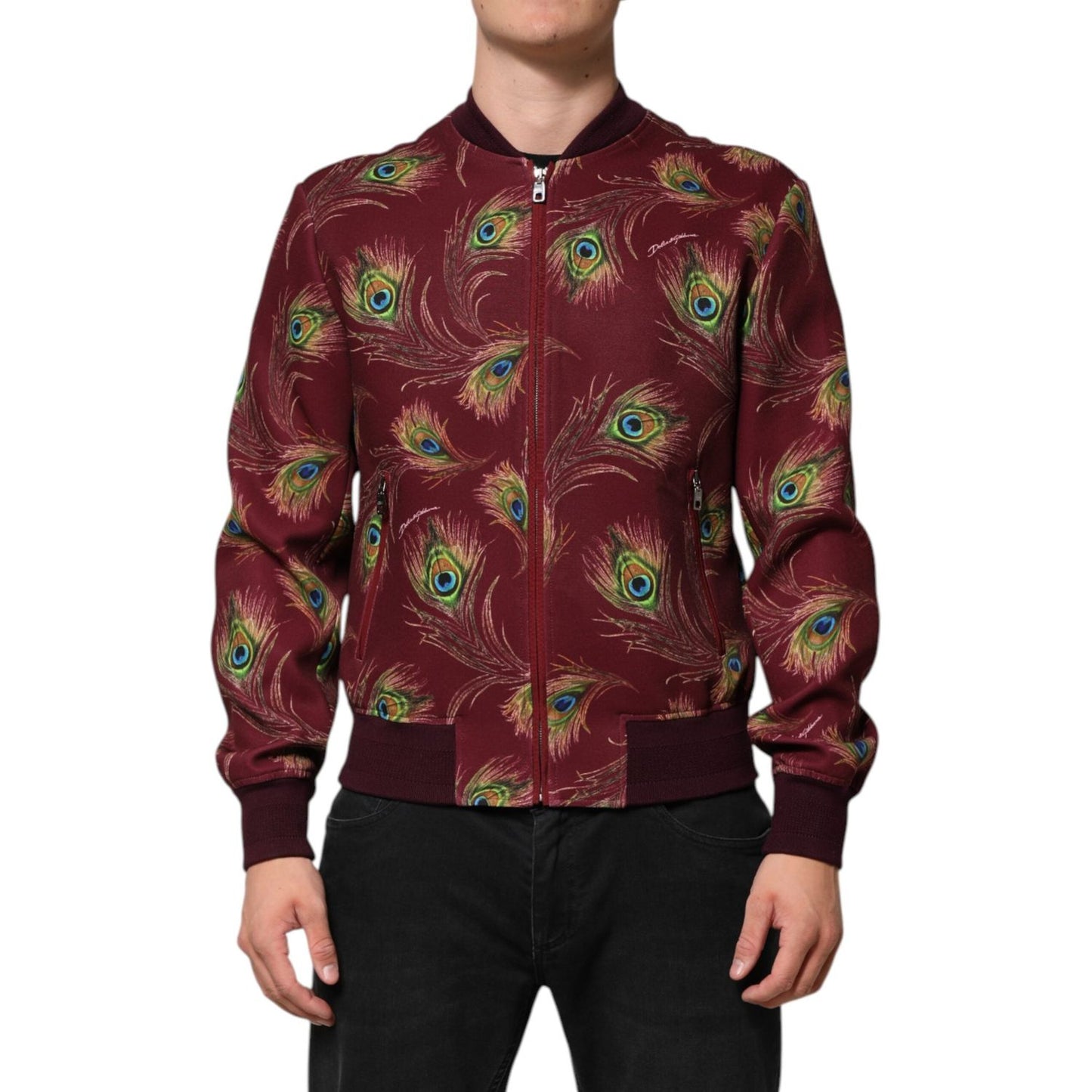 Dolce & Gabbana Maroon Peacock Feather Print Bomber Jacket JKT41532-48