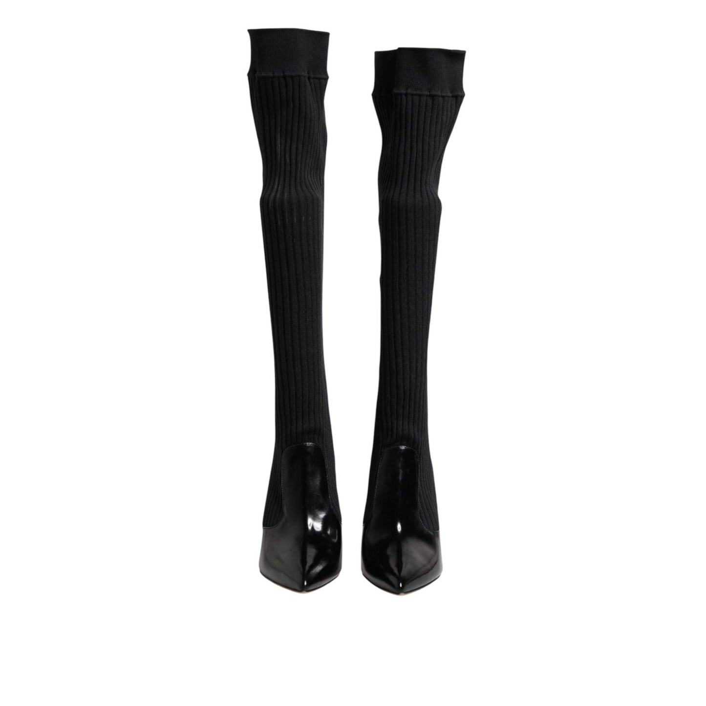 Dolce & Gabbana Black Leather Ribbed Knit Knee Boots Shoes LA11449-38