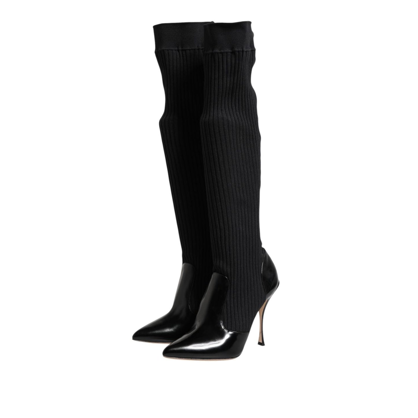 Dolce & Gabbana Black Leather Ribbed Knit Knee Boots Shoes LA11449-38