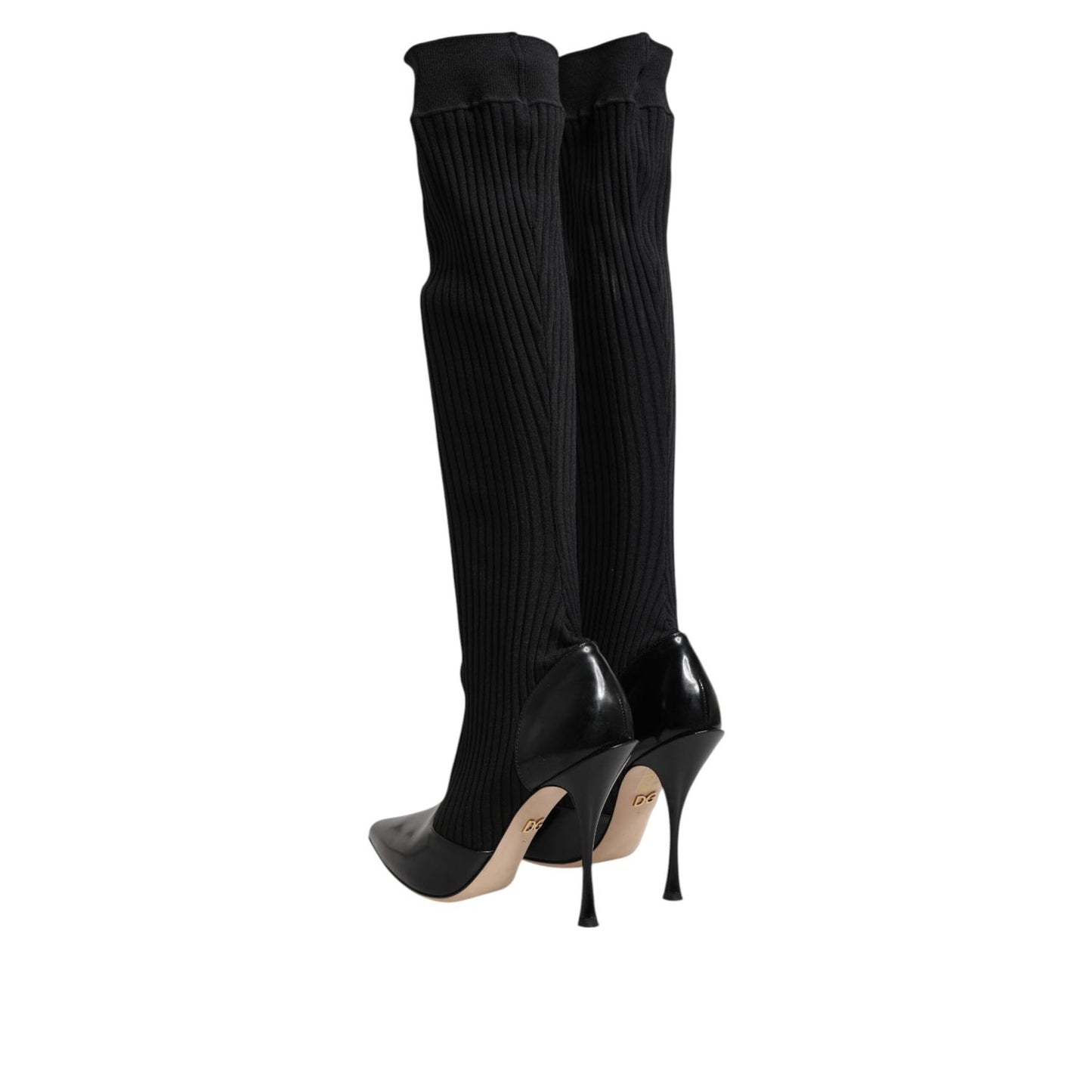 Dolce & Gabbana Black Leather Ribbed Knit Knee Boots Shoes LA11449-38