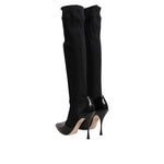 Dolce & Gabbana Black Leather Ribbed Knit Knee Boots Shoes LA11449-38
