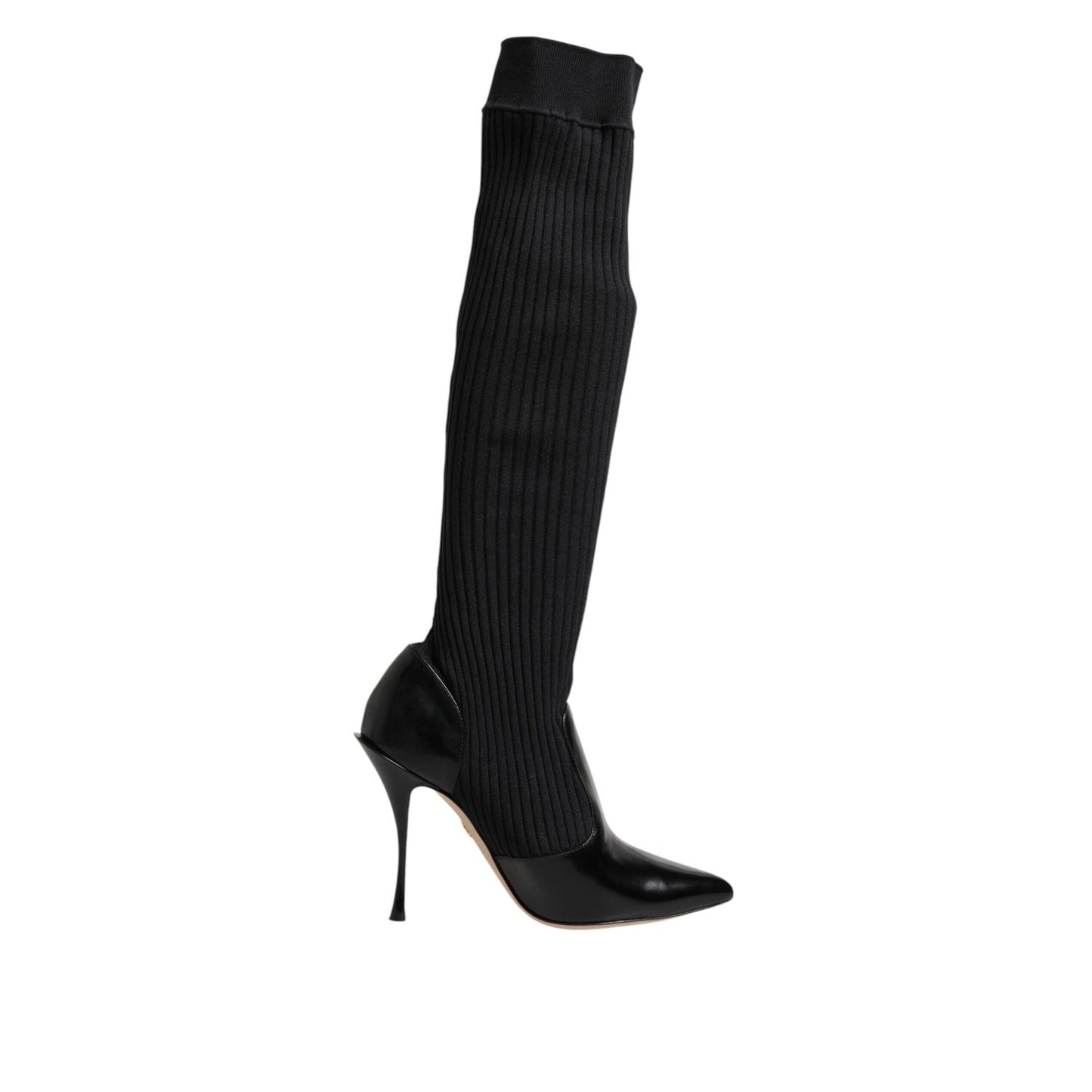 Dolce & Gabbana Black Leather Ribbed Knit Knee Boots Shoes LA11449-38