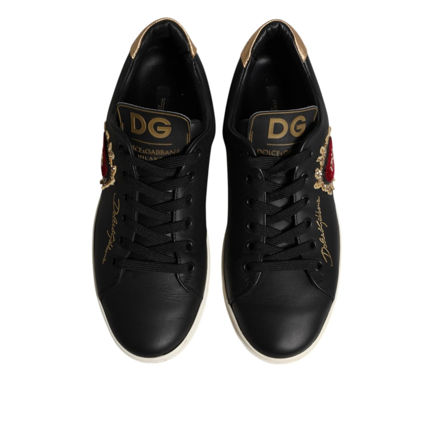 Dolce & Gabbana Black Leather Sacred Heart Sneakers Shoes LA12673-38