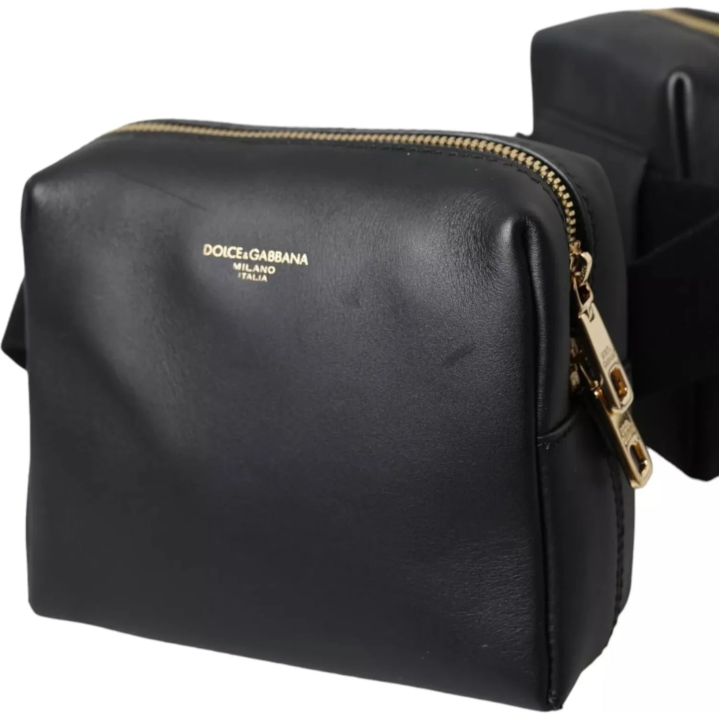 Dolce & Gabbana Black Calfskin Leather Double Waist Belt Fanny Pack Bag 1728,67345645728,Bags,Bags - Men - Bags,Black,Dolce & Gabbana,Material: 100% Calf Leather,Men,Men - Bags,Preowned / Defect BAG4670