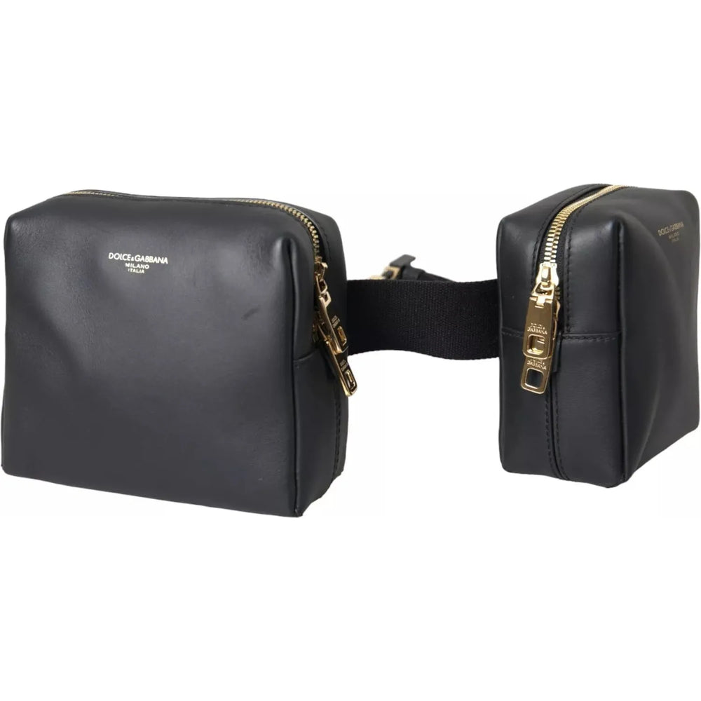 Dolce & Gabbana Black Calfskin Leather Double Waist Belt Fanny Pack Bag 1728,67345645728,Bags,Bags - Men - Bags,Black,Dolce & Gabbana,Material: 100% Calf Leather,Men,Men - Bags,Preowned / Defect BAG4670