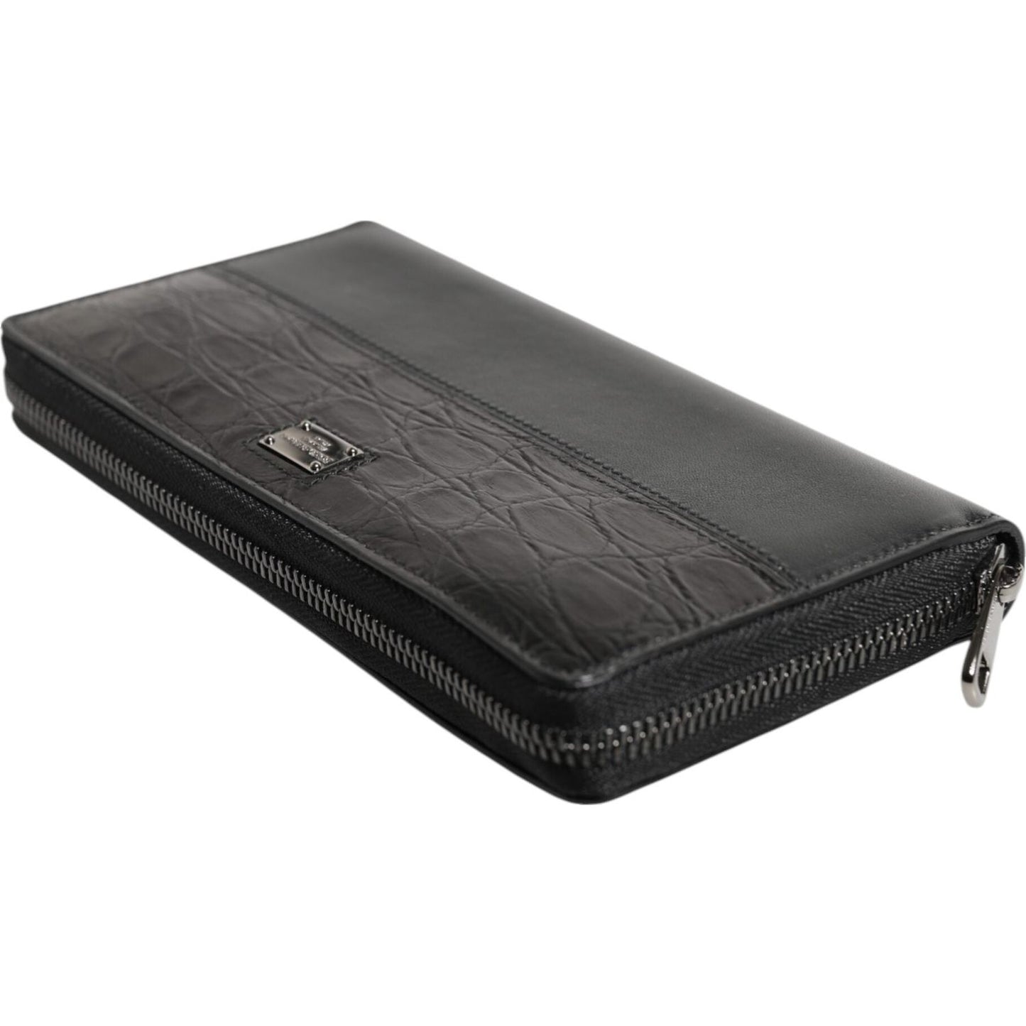 Dolce & Gabbana Black Leather DG Plaque Zip Around Continental Wallet 1728,67345645728,Bags,Black,Dolce & Gabbana,Material: 80% Calf Leather 20% Caiman,Men,Men - Bags,Preowned / Defect,Wallets - Men - Bags BAG4701