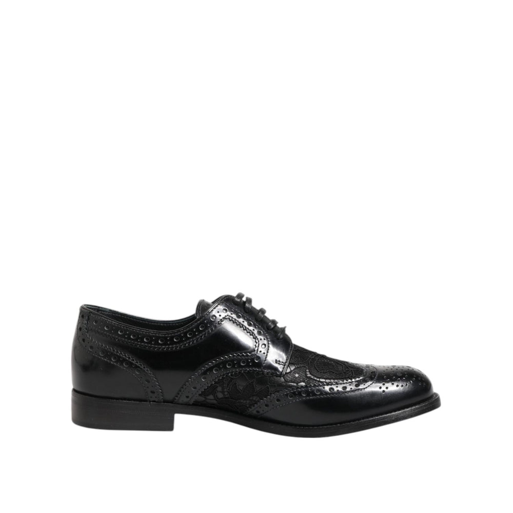 Dolce & Gabbana Black Leather Floral Lace Dress Formal Shoes LA12401-35.5