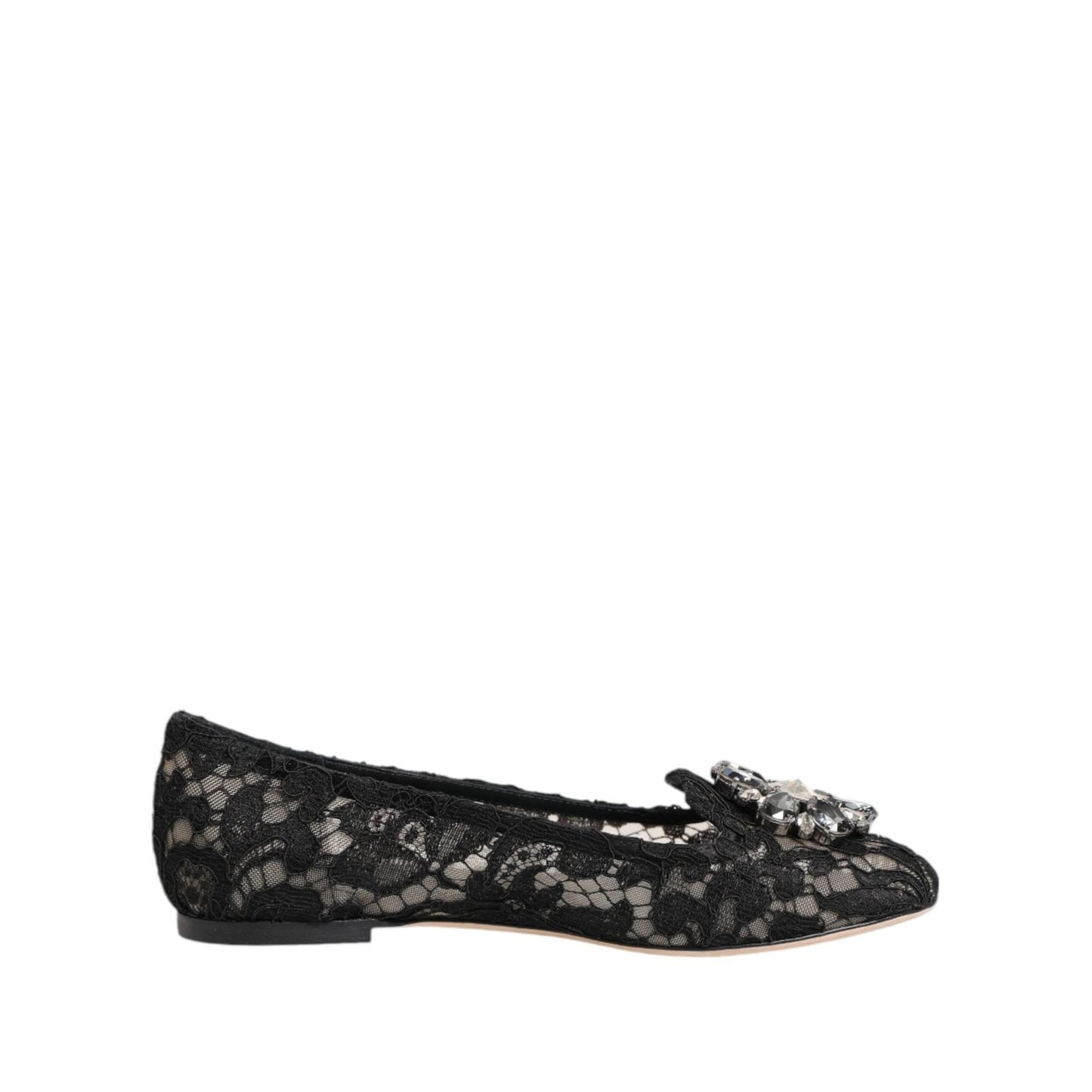 Dolce & Gabbana Black Taormina Lace Crystals Flats Shoes LA12787-35.5