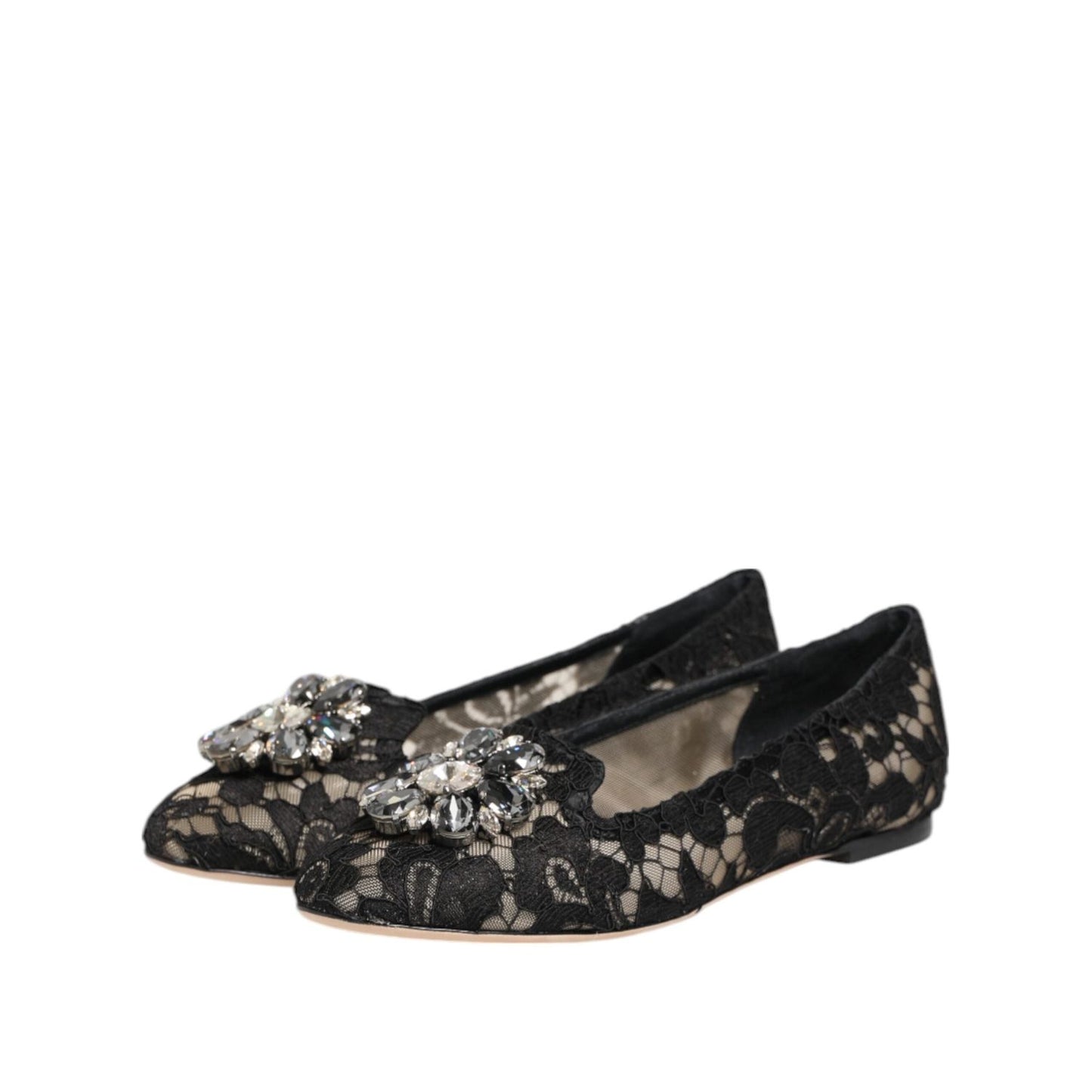 Dolce & Gabbana Black Taormina Lace Crystals Flats Shoes LA12787-35.5