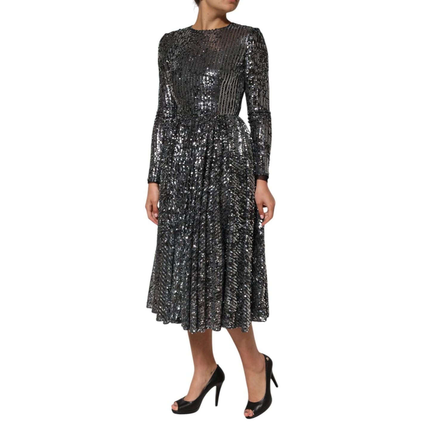 Dolce & Gabbana Black Sequined Long Sleeves Midi A-line Dress DR81823-40