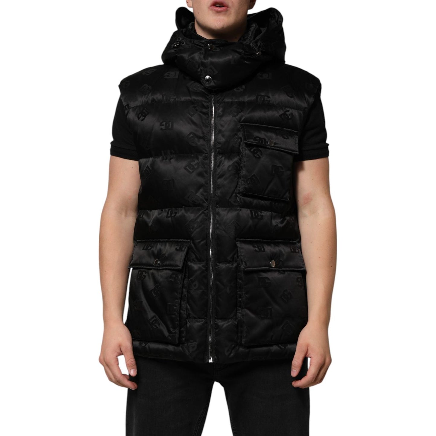 Dolce & Gabbana Black Quilted Sleeveless Hooded Vest Jacket JKT41537-54