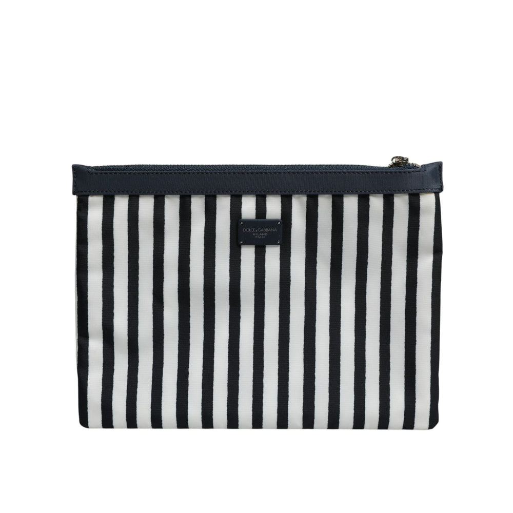 Dolce & Gabbana Black White Striped Logo Plaque Clutch Pouch Bag BAG4684