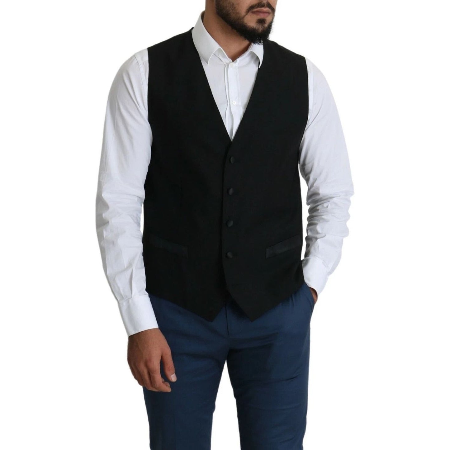 Dolce & Gabbana Black Wool Men Formal Waistcoat Vest TSH5652-52