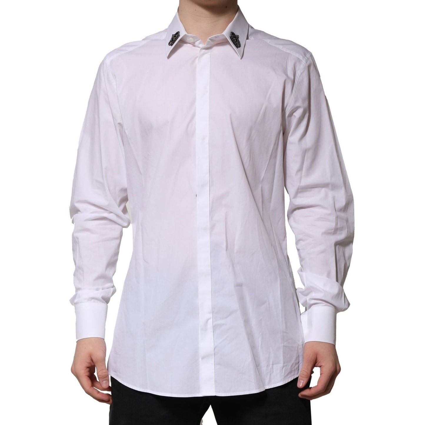 Dolce & Gabbana White Cotton Crown Collar GOLD Formal Shirt TSH91339-40