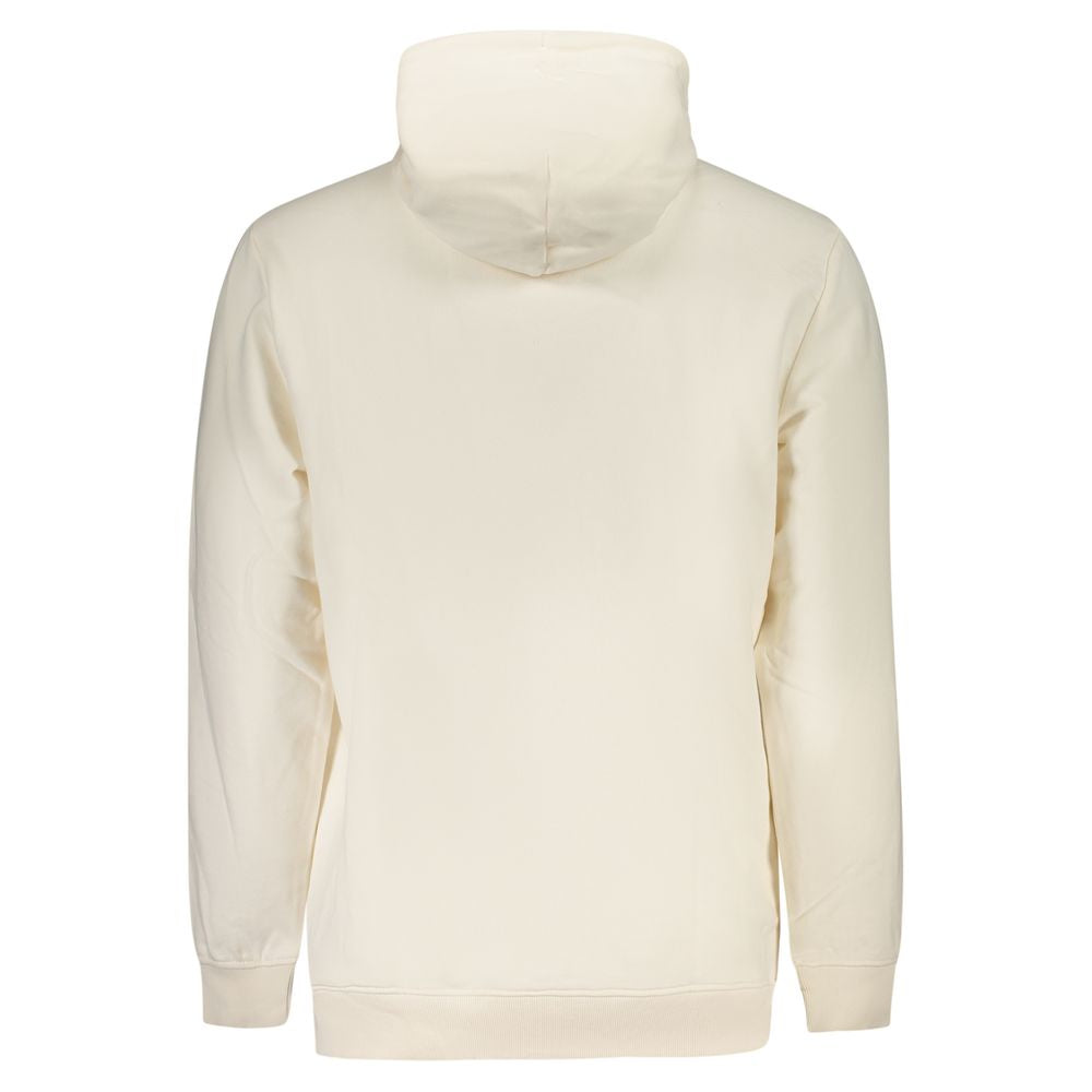Back view of Tommy Hilfiger White Cotton Men Sweater showcasing eco-conscious design with hoodie and central pocket.