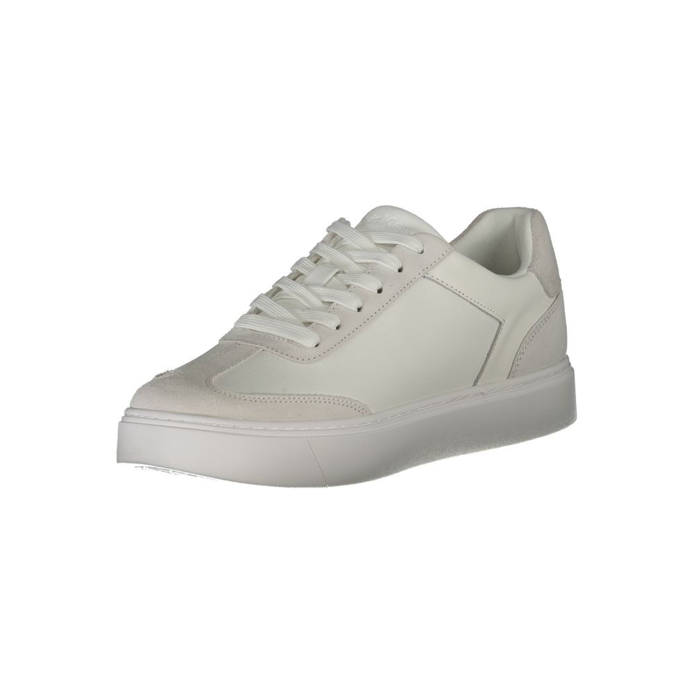 Calvin Klein White Leather Men Sneaker with plush footbed, crisp white design, and sporty sophistication.