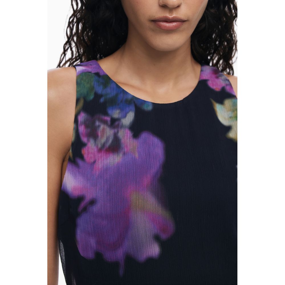 Desigual Black Polyester Women Dress with floral design and crew neck detail, featuring a unique sleeveless style and designer logo.