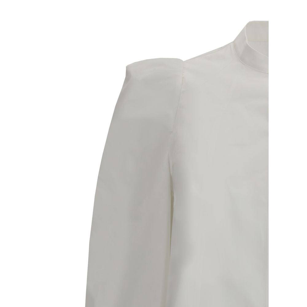 Alexander McQueen White Cotton Dress Shirt with ruffled shoulders and mandarin collar, AW25 slim fit.