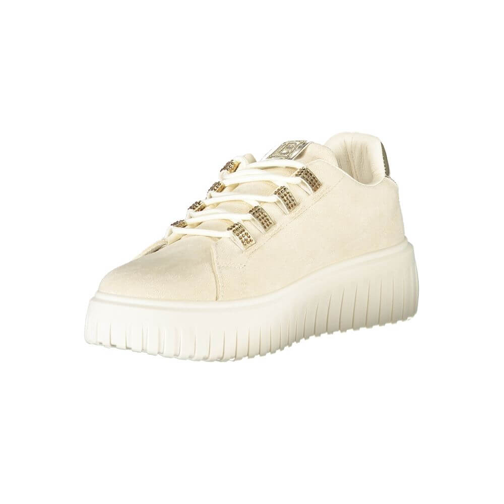 Laura Biagiotti Beige Polyester Women Sneaker with gold accents and rhinestones, featuring a comfortable 4 cm platform.