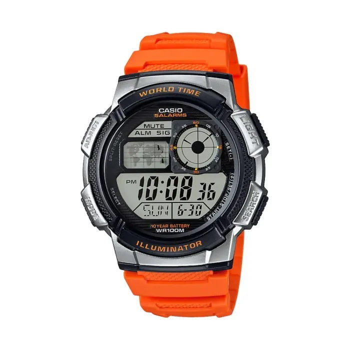 CASIO SPORT DIVER - WORLD TIME ILLUMINATOR 5 ALARMS. 10 YEARS BATTERY - ORANGE AE-1000W-4BVDF
