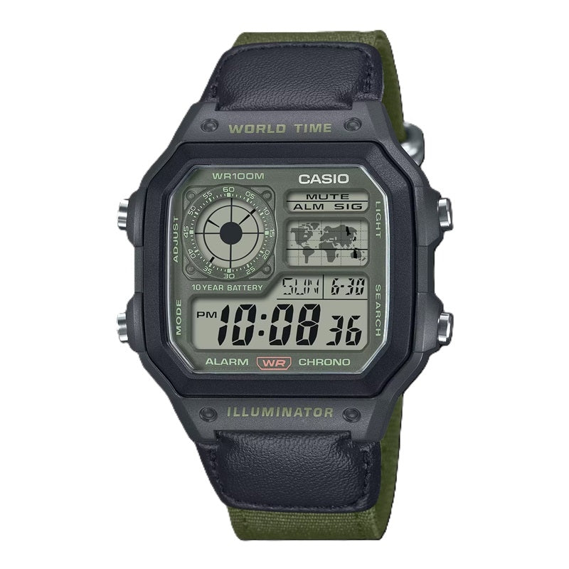 CASIO SPORT Mod. ILLUMINATOR - WORLD TIME ILLUMINATOR 5 ALARMS - FUTURE CLASSIC COLLECTION - BLACK GREEN AE-1200WHUB-3AVEF