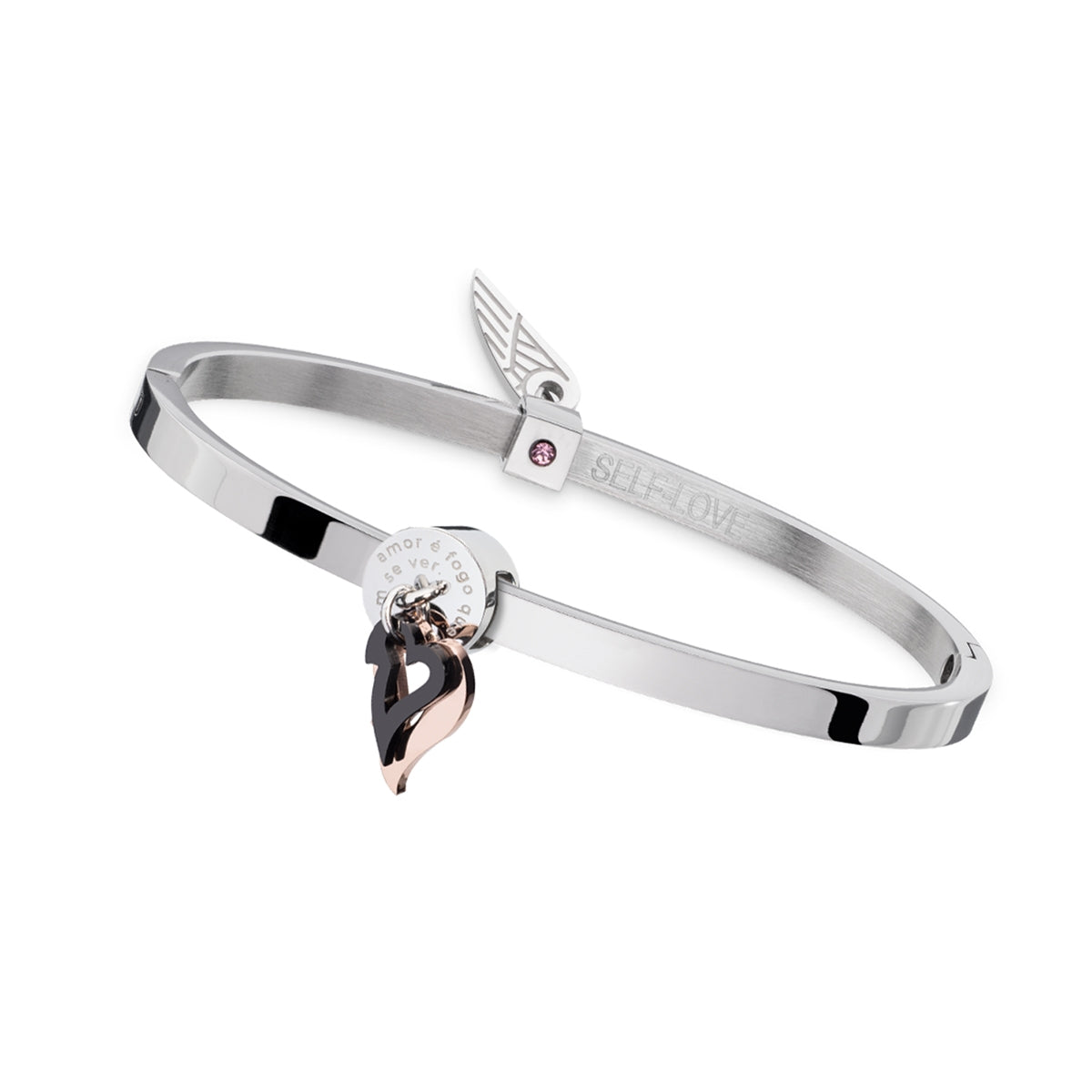 Elegant bracelet from AN JEWELS JEWELRY Mod. ANPULSEIRALI23 with heart charm and wing detail, showcasing modern fashion.