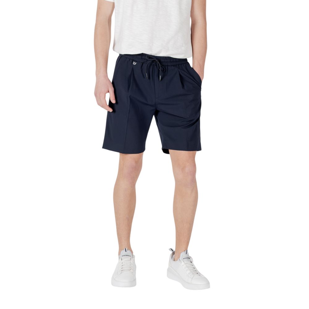 Model wearing Antony Morato Blue Polyester Bermuda Shorts with drawstring waist, displaying regular fit design for summer wear.