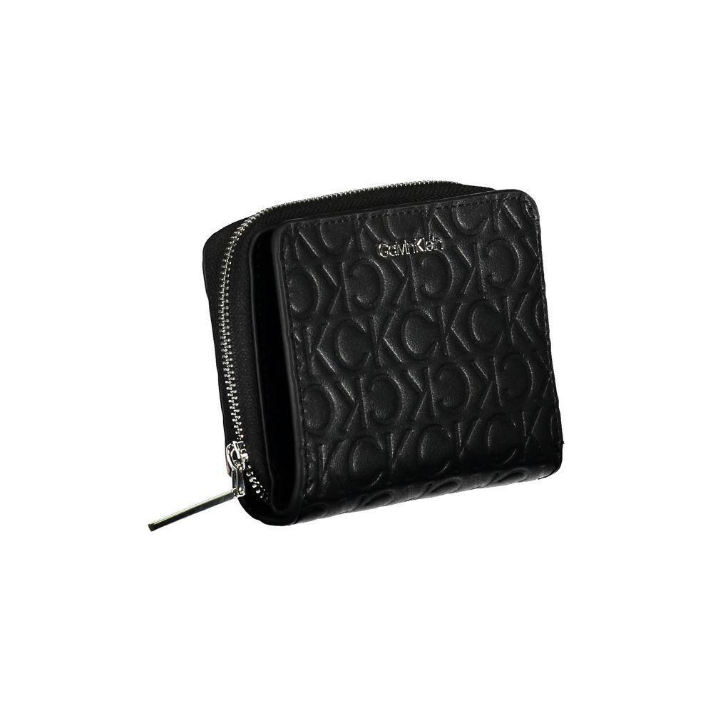 Calvin Klein Black Polyester Wallet with external pocket, card spaces, RFID block, zip and automatic closure, featuring logo.