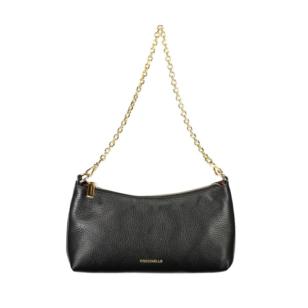 Coccinelle Black Leather Handbag with adjustable and removable shoulder strap, zip closure, and internal pocket, featuring logo.