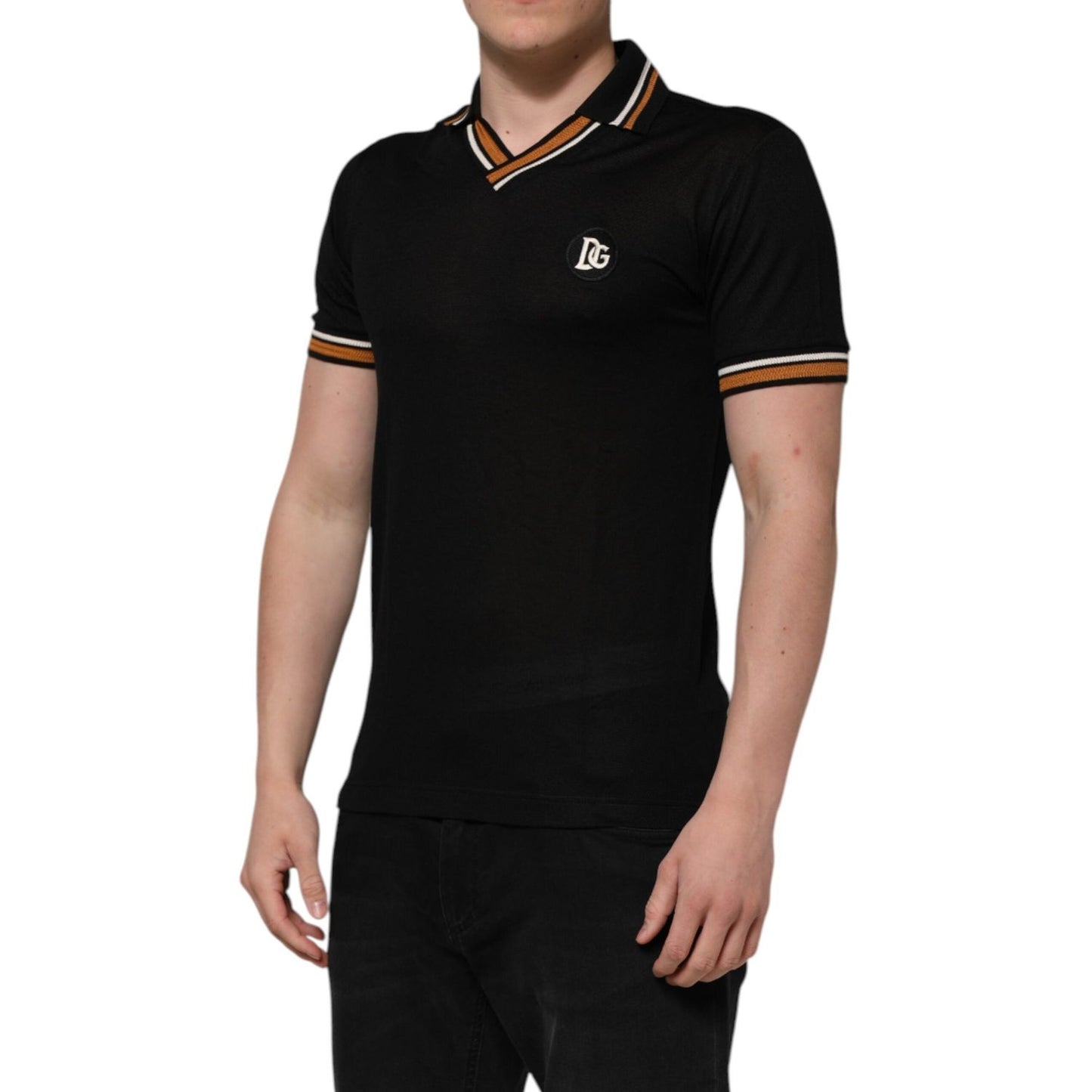 Dolce & Gabbana Black DG Silk V-neck Collared Men Polo T-shirt THS90355-46