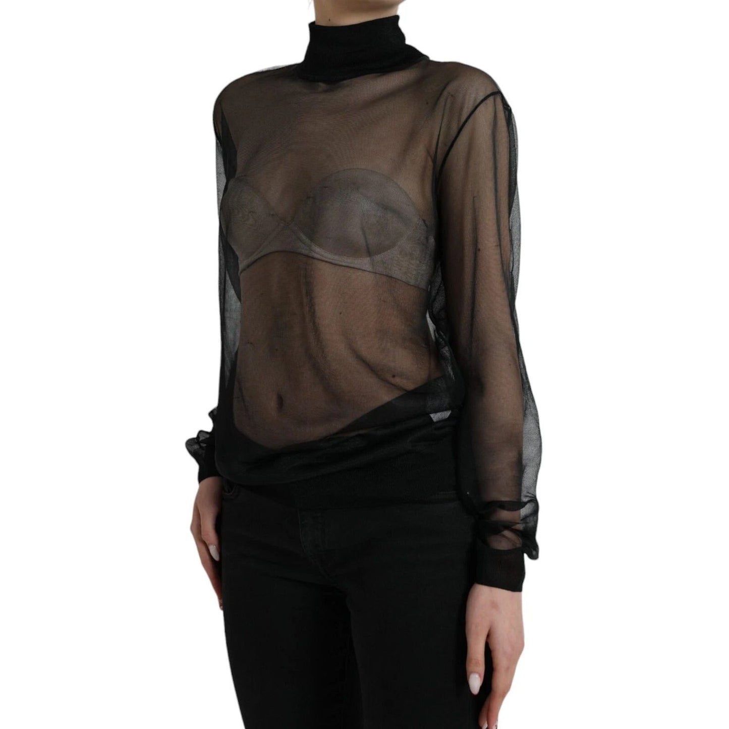 Dolce & Gabbana Black Mesh Turtleneck Sheer Blouse Top TSH852009-48