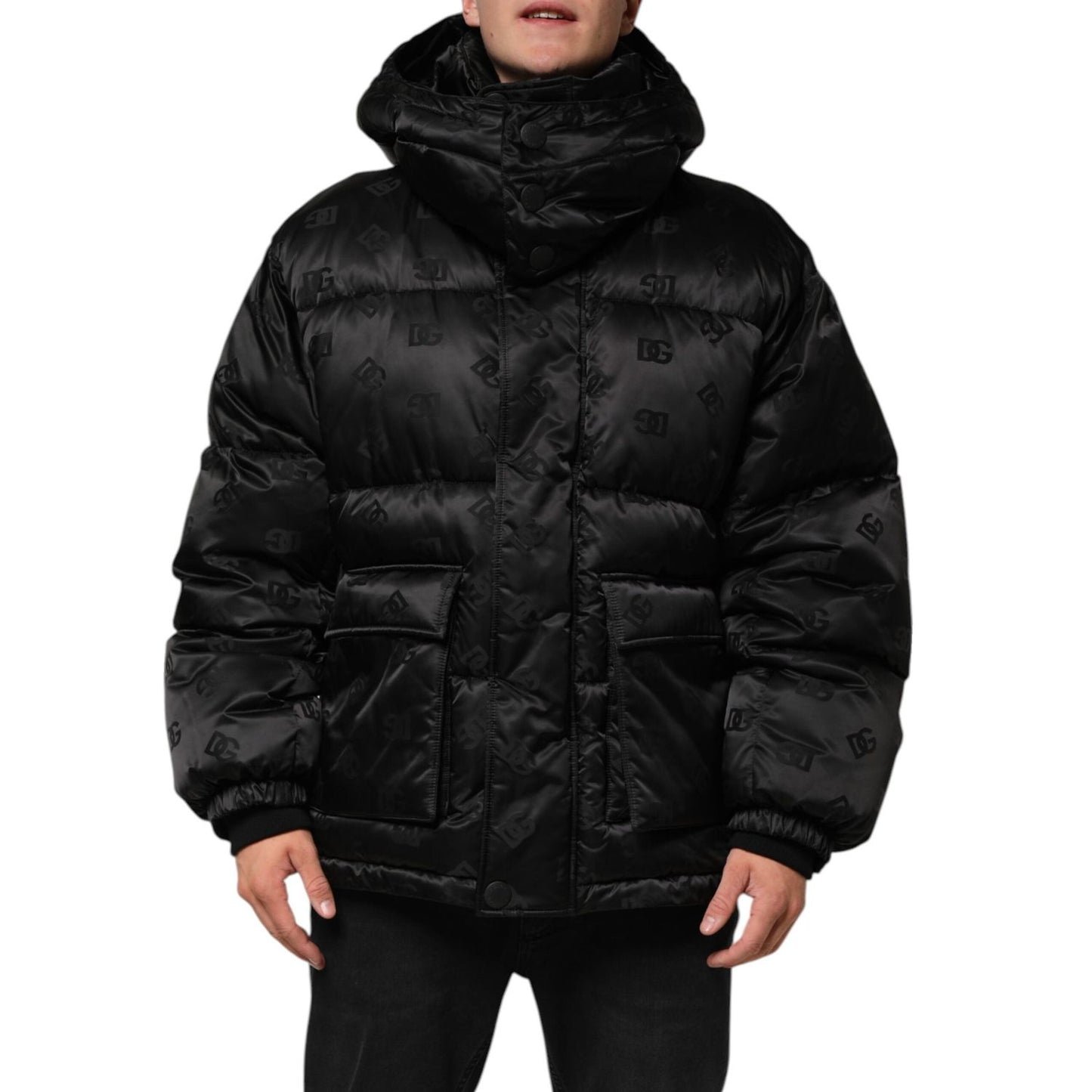 Dolce & Gabbana Black Monogram Logo Puffer Nylon Hooded Jacket JKT41539-M