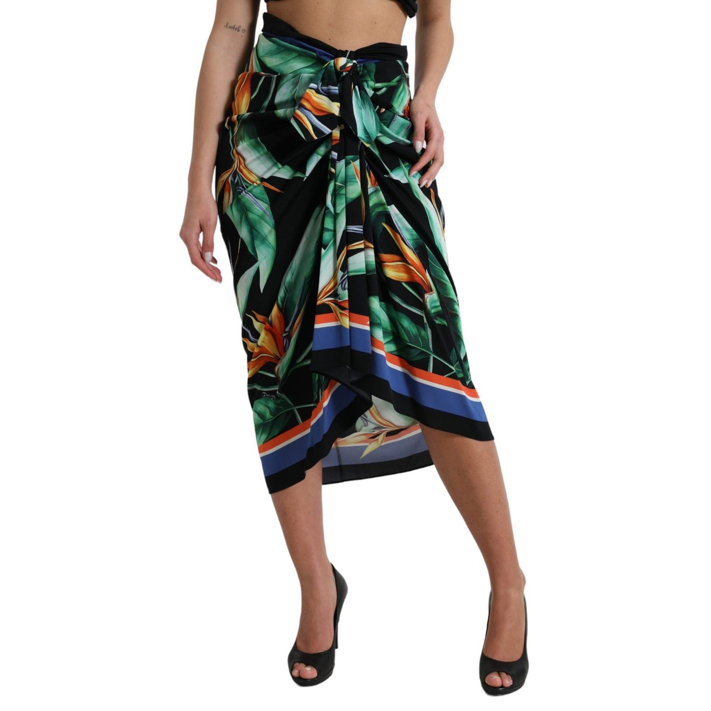 Dolce & Gabbana Black Strelitzia High Waist Wrap Midi Skirt SKI1932-36