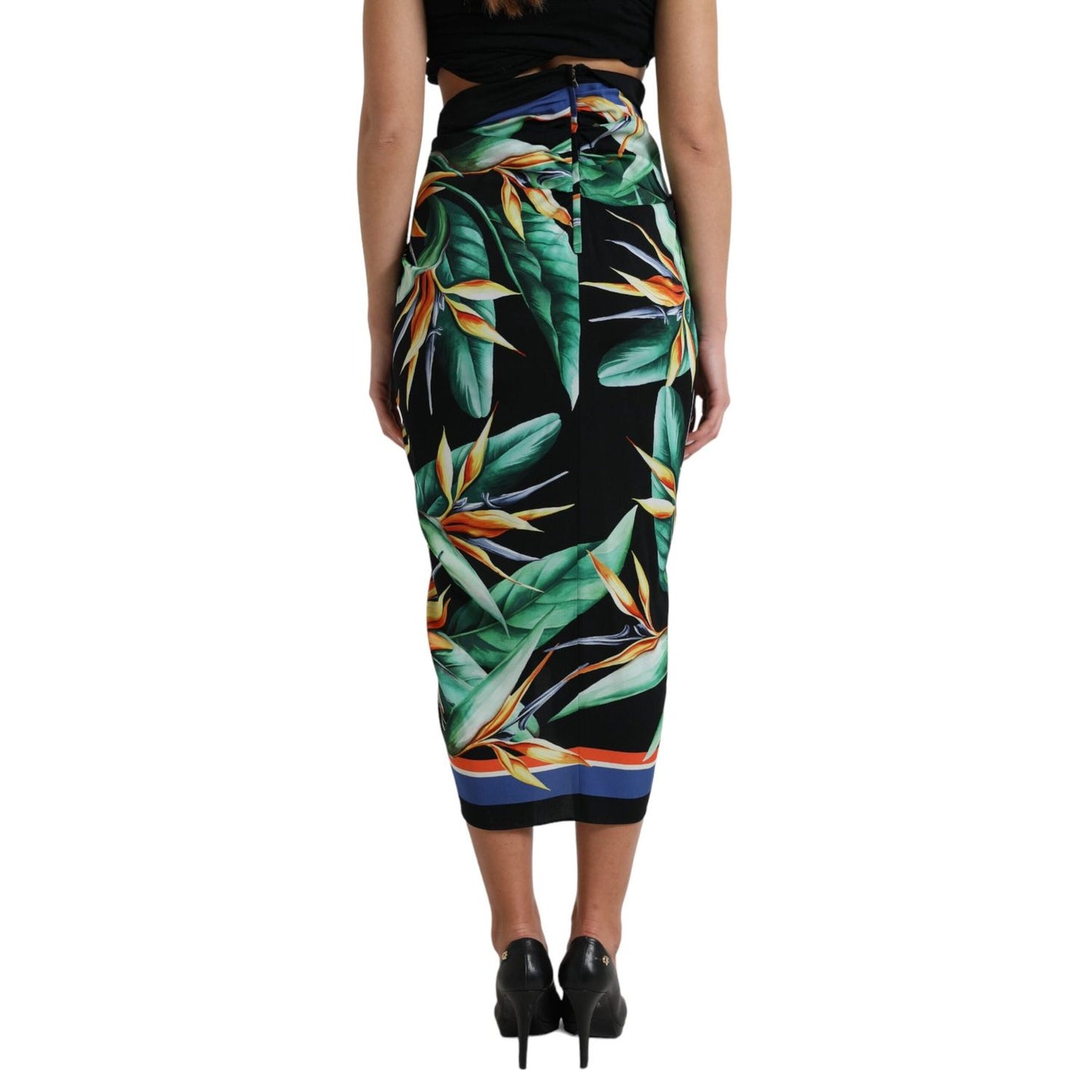 Dolce & Gabbana Black Strelitzia High Waist Wrap Midi Skirt SKI1932-36
