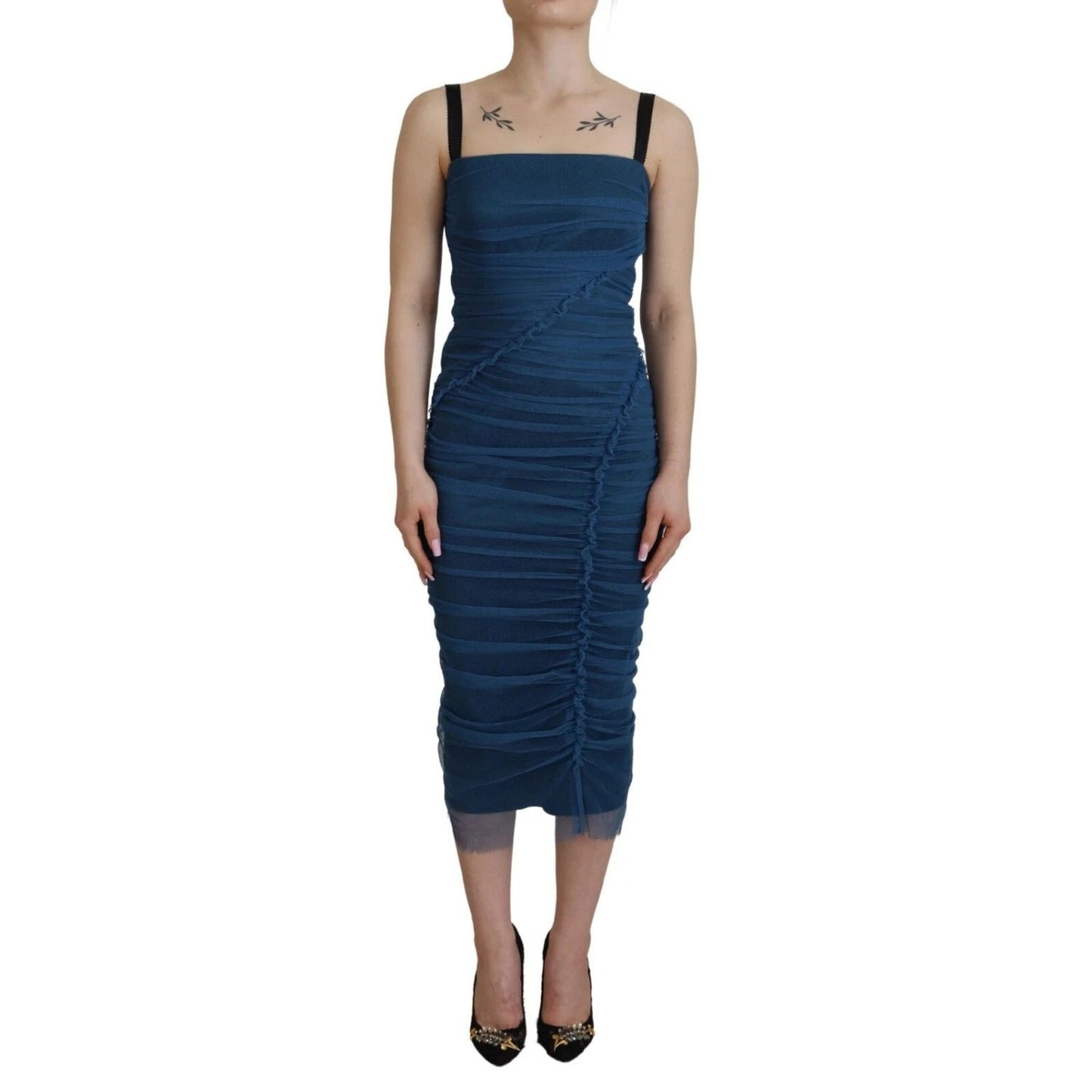 Dolce & Gabbana Blue Mesh Trim Ruched Tulle Sheath Dress DR28818-40