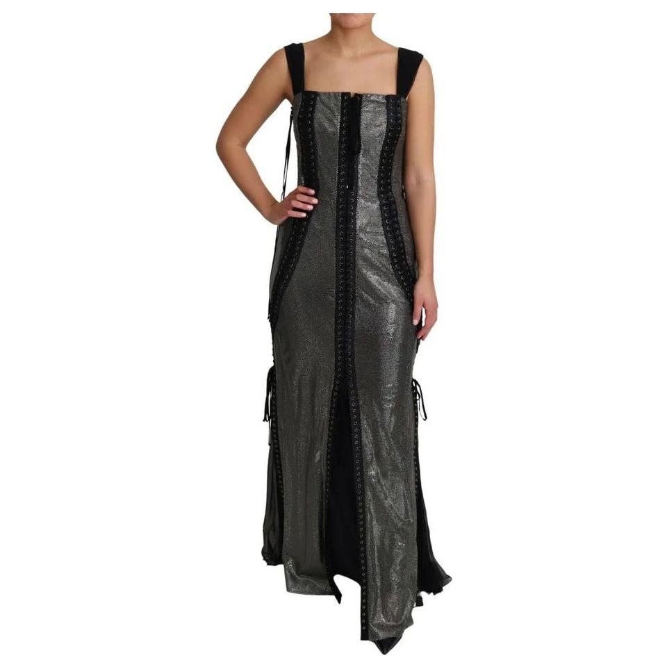 Dolce & Gabbana Black Crystals Lace Up Runway Gown Dress DR2708-44