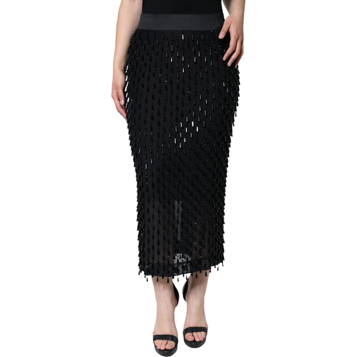 Dolce & Gabbana Black Embellished Pencil Cut Midi Skirt SKI1922-44